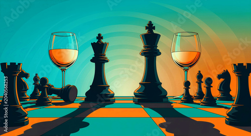 Stylized chess pieces and wine glasses on a game board. Strategic arrangement of king, queen, and pawns with amber liquid in stemware. Business strategy and luxury lifestyle concept for marketing.