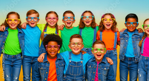 Large group of diverse children wearing colorful eyeglasses and denim outfits smiling together. Multi-ethnic boys and girls expressing joy. Diversity concept for youth marketing and eye care.