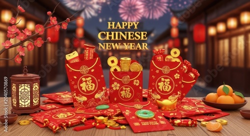 Traditional Chinese New Year with red envelopes, tangerines, and fireworks