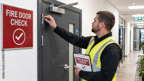 Worker checks fire door in office hallway during safety inspection for compliance with fire regulations