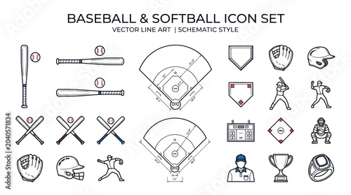 Baseball and Softball Icon Set: Vector Line Art, Schematic Style
