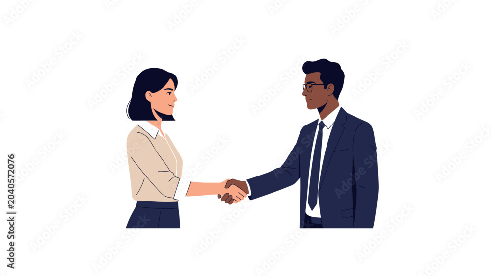 Obraz premium Professional Business Handshake Illustration of Diverse Partners. Successful Deal, Corporate Partnership, and Recruitment Concept in Flat Design Style on White Background.