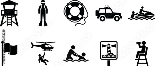 Foto Black silhouettes of various beach and lifesaving icons on white background