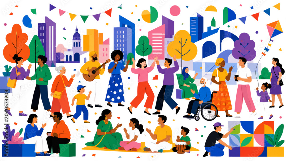 Fototapeta premium Diverse community people at a vibrant city festival, multicultural crowd celebrating in a public park, flat vector illustration of urban life