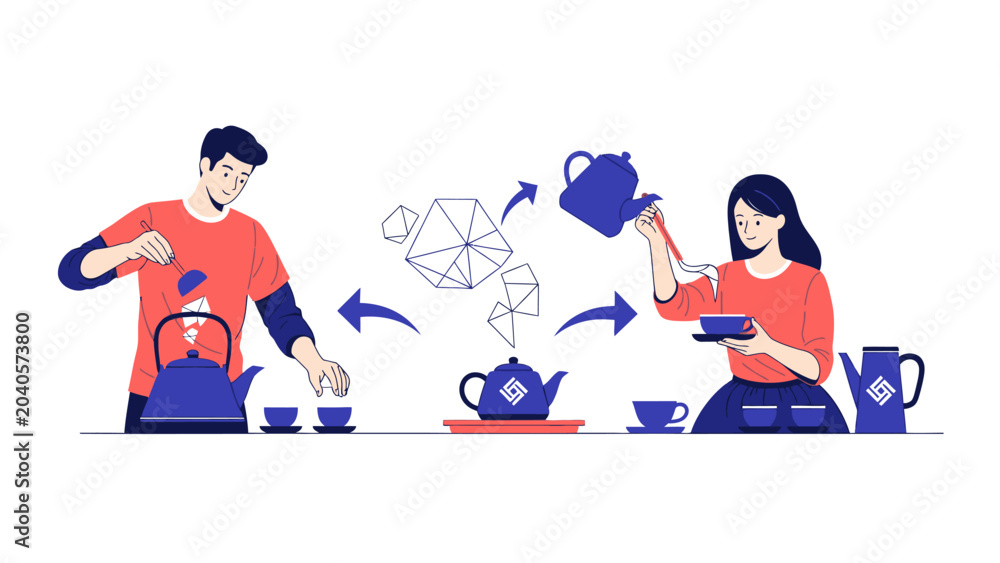 Fototapeta premium Digital Transformation and Data Management Concept Vector Illustration of Man and Woman Brewing Ideas and Information Flow