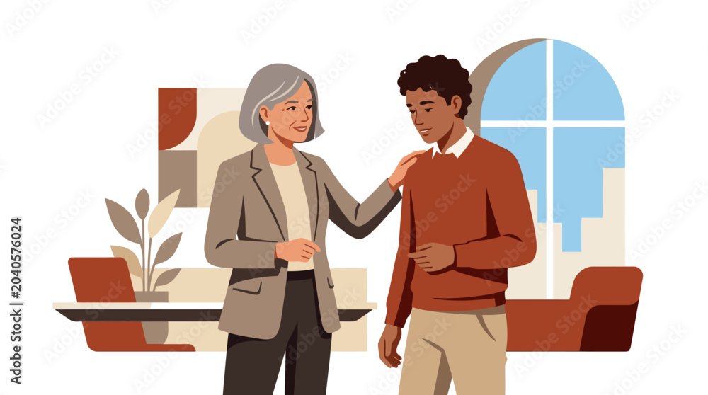 Fototapeta premium Senior Business Woman Mentoring a Young Professional Man in a Modern Office, Flat Illustration of Career Coaching, Mentorship, and Diverse Workplace Collaboration