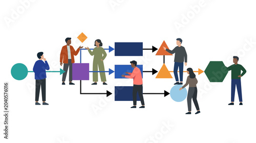 Diverse Team Collaborating on Business Process Flowchart and Project Management Workflow Diagram Illustration