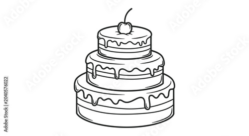 Canvas Print Three tier wedding cake with cherry topping black and white line art