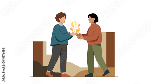 Flat Illustration of Two People Sharing Glowing Creative Ideas and Knowledge Exchange Concept