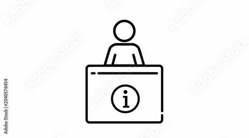 Information desk and reception counter icon: customer service booth, minimalist black line art vector illustration for help desk and hospitality.