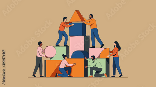Diverse Team Building a Business Foundation with Colorful Geometric Blocks, Flat Vector Illustration of Cooperation, Synergy, and Problem Solving