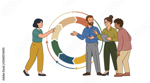 Diverse Business Team Collaborating on Circular Process Cycle, Project Management and Workflow Optimization Concept, Flat Line Art Illustration