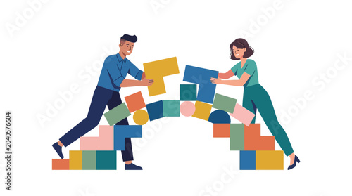 Business Teamwork and Collaboration Concept Illustrating Man and Woman Building a Bridge with Creative Geometric Puzzle Blocks for Connection and Synergy