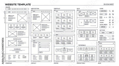 Website Template Wireframe Mockup - UI UX Design Layouts and Icons