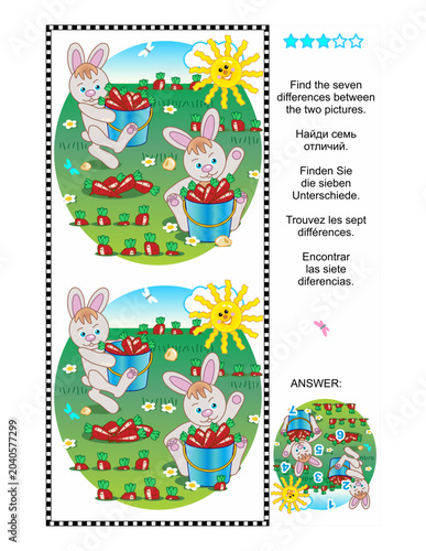Difference game: Find seven differences between the pictures of bunnies harvesting carrots. Answer included.
