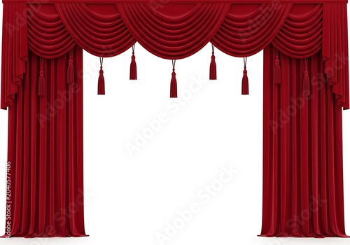 Fototapeta Luxurious red stage curtains with swags and tassels isolated on white