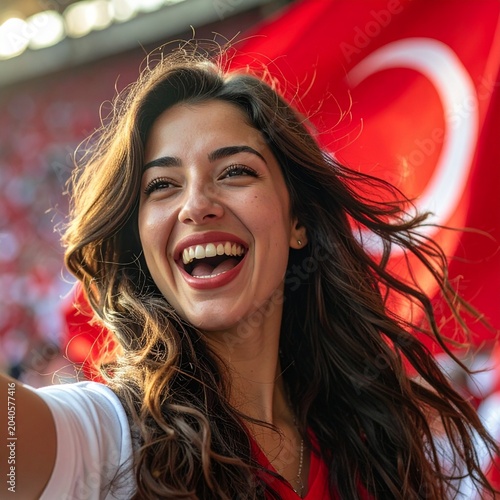 Soccer supporter cheering with flag of Turkey at the World Cup