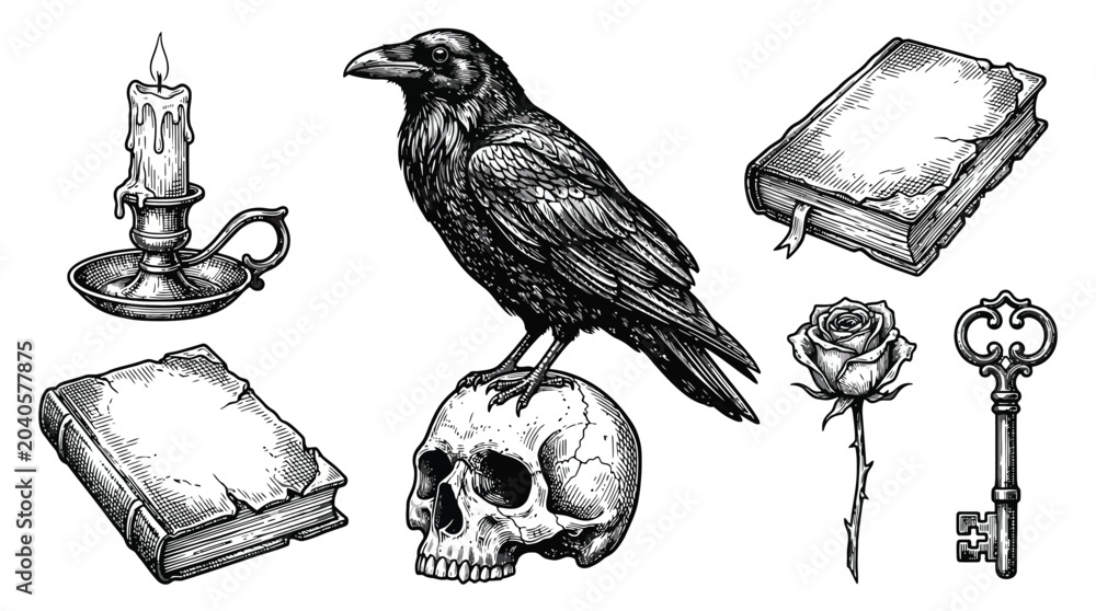 Obraz premium Halloween icon set vector with raven skull candles and books.