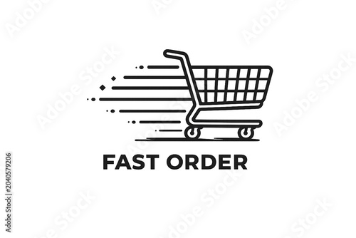 Fast order shopping cart speed delivery ecommerce icon logo design, minimal black line retail trolley symbol with motion effect, online store express checkout service vector isolated on white backgrou