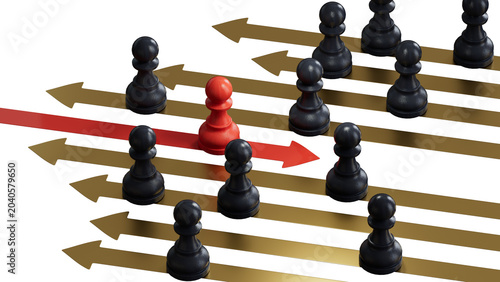 Schilderij op canvas 3d illustration of many black pawns going on the same direction and a RED one going on the opposite side