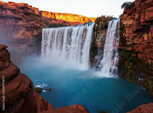 Scenic desert waterfall cascades into turquoise pool with red rock cliffs bathed in warm evening sun. Mist rises creating atmospheric scene.