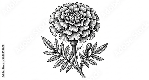 Vintage marigold flower engraving vector illustration isolated on white background