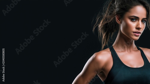 Portrait of fit young woman in dark green sporty tank top against plain dark black background with empty copy space for fitness and healthy lifestyle concept