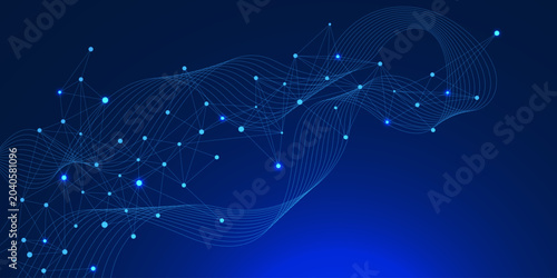 Abstract digital network connection with glowing plexus and wave flow on dark blue background. Modern medical science and technology design for poster, web banner, presentation. Vector illustration