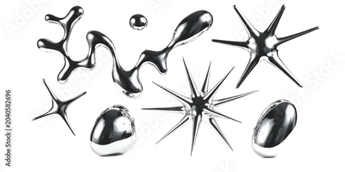 Abstract liquid metal blobs and chrome star shapes collection with shiny reflective surfaces