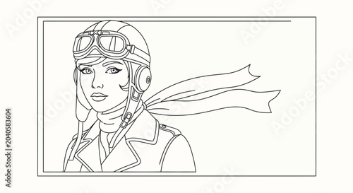 Vintage Aviator Woman Portrait, Retro Pilot Girl with Goggles and Scarf, Line Art