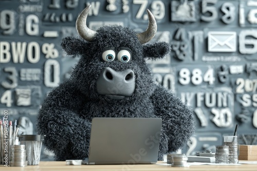 Delighted bull sits human-like in bright room. Cute bull. Crypto