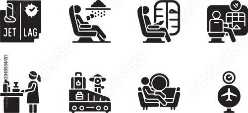 Foto Airport Airport Lounge and Jet Lag Management Icon Set, Vector Solid Glyphs for