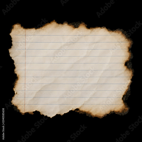 Aged lined paper with burnt edges during a dramatic studio lighting