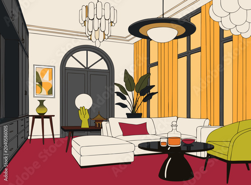 Luxurious elegant living room interior featuring refined furnishings sophisticated decor warm lighting and upscale contemporary design atmosphere