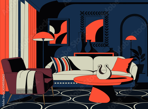 Luxurious elegant living room interior featuring refined furnishings sophisticated decor warm lighting and upscale contemporary design atmosphere
