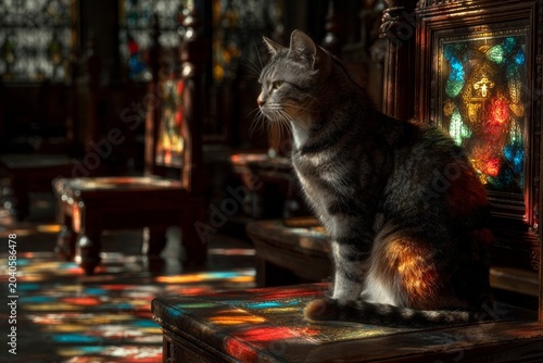 Regal cat on a throne: sunlit majesty in a historic castle setti
