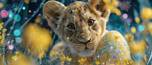 Festive easter vibes: adorable cub with decorative egg. Neural connections. Lion cub and easter egg amidst meadow with butterflies. Information flow. Machine learning.