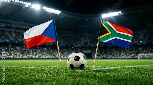 South Africs Vs Czechia, national flags before world championship. Football World Cup Match.