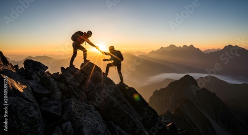 Two Climbers Helping Each Other on Rocky Mountain Peak at Sunrise with Golden Light and Vast Horizon
