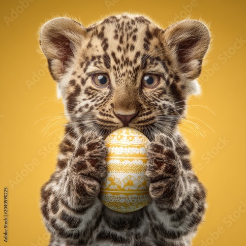 Easter bliss: cub's delightful egg and colorful spring. Epic poster. Playful cub and its colorful easter egg amid spring bloom. Promotional poster. Blockbuster art.