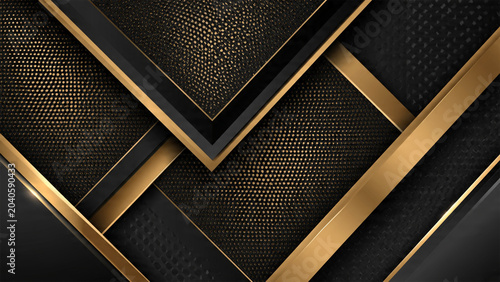 Luxurious Black and Gold Geometric Background with Metallic Textures and 3D Overlapping Layers