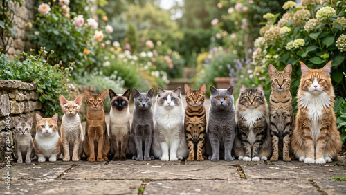 Group of Diverse Cats Sitting Together in Beautiful Garden, Adorable Domestic Cat Breeds Portrait, Pet Family Concept.