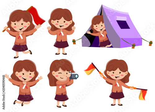 Cute Scout Girl Character Set for Camping and Outdoor Activities
