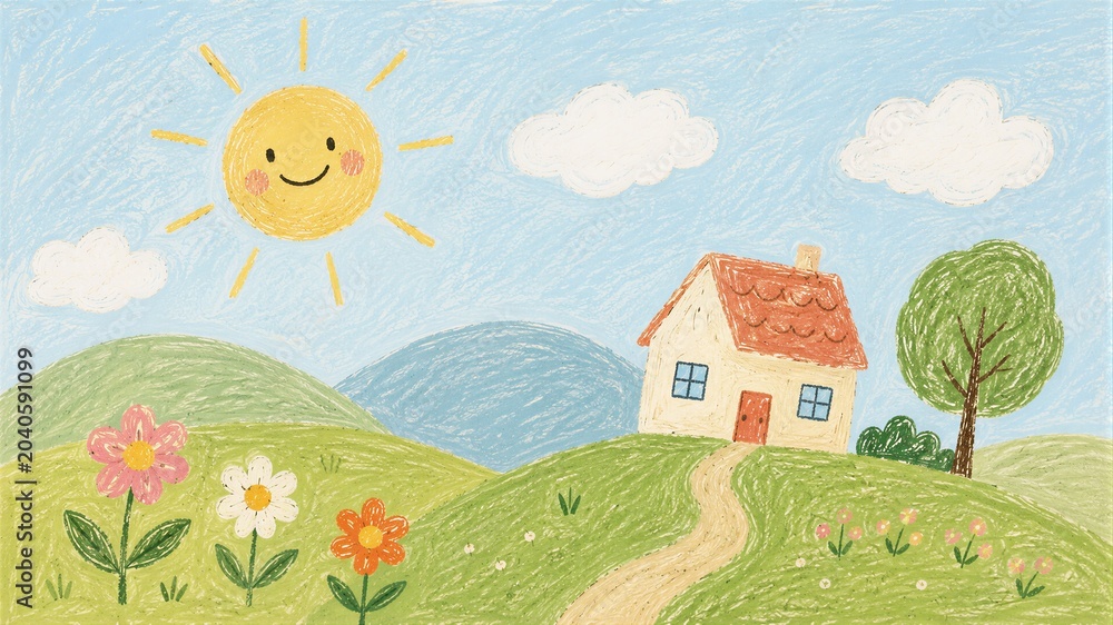 Naklejka premium Drawing of a house in a field with a smiling sun done with wax crayons. Children art style landscape. Concept of home comfort, nature, childhood imagination and creativity for design