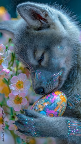 Charming easter celebration with wolf cub and festive egg in pastel setting. Human interaction. Captivating easter: wolf cub surrounded by colorful egg and soft background. Ai concept.