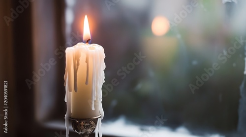 solidified. A single extinguished white candle with wax drippings on a tarnished holder. symbolizing life milestones and joyful moments.