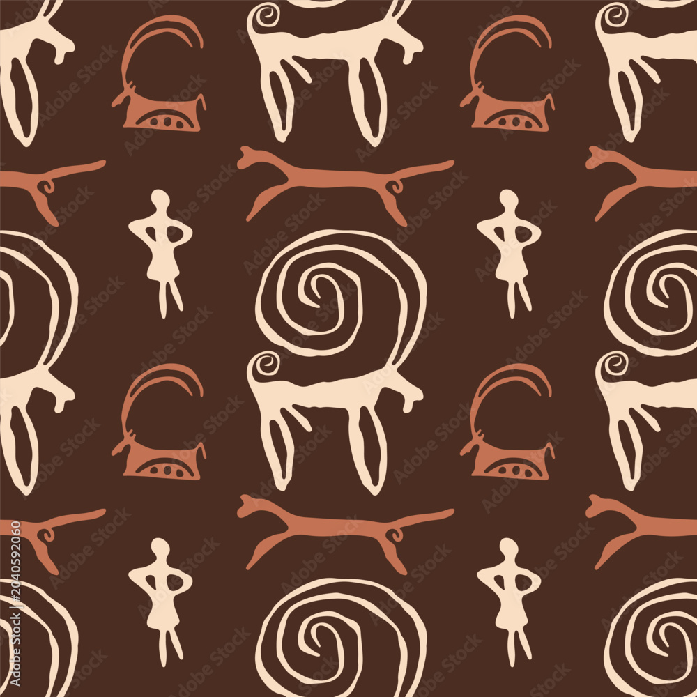 Ταπετσαρία Prehistoric petroglyph seamless pattern with wild animals
