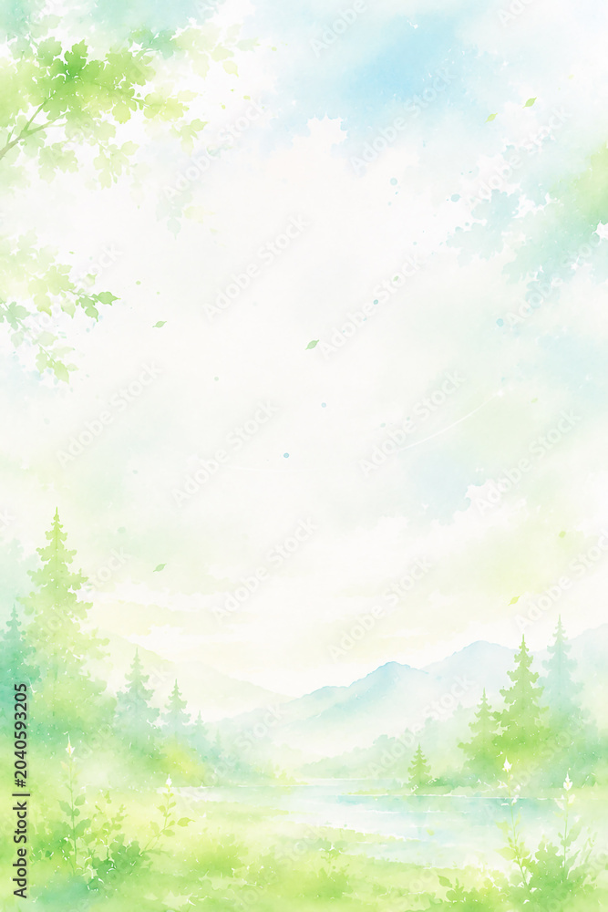 Fototapeta premium キャンプをイメージした抽象水彩背景 自然と光が広がる癒しの余白デザイン