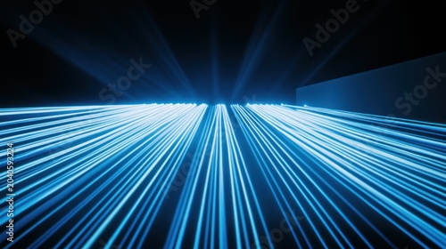 Bright blue light streaks emanate from a dark background, radiating outward in a dynamic pattern resembling motion lines and digital energy