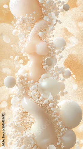 Abstract composition with swirling string of pearls and spheres in soft neutral tones